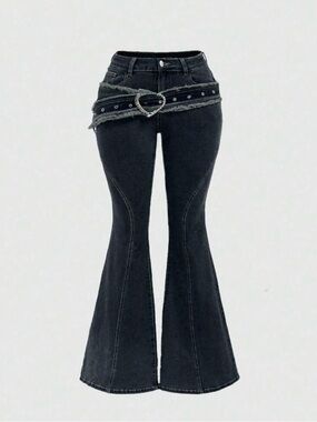 High-Waist Black Flared Jeans with Decorative Belt size 20 (shein 4x US 2x